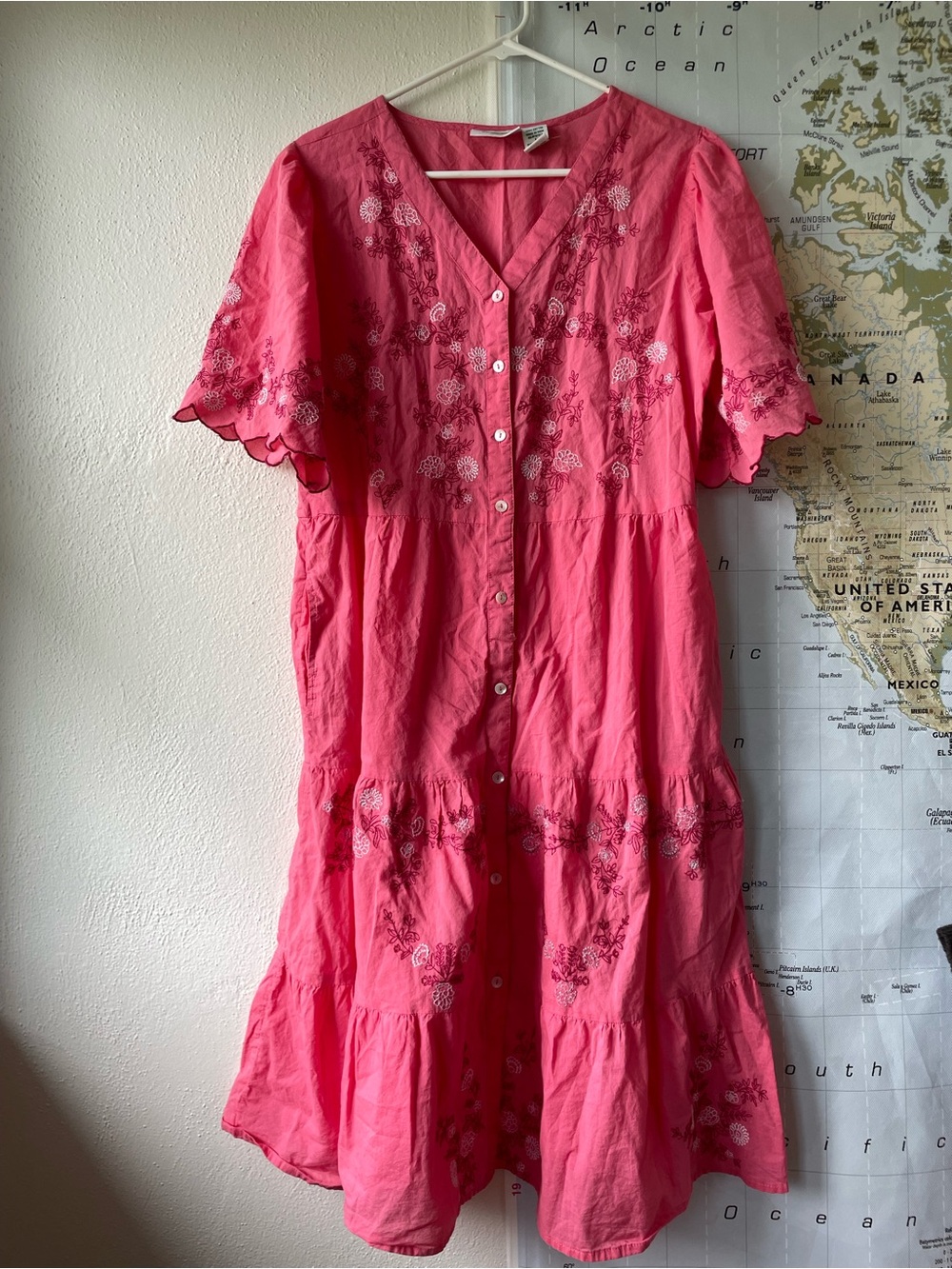 100% Cotton Pink Embroidered Button-Front Women’s Dress